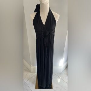 NWOT Fervour, XS, women’s black halter neck maxi dress with braided rope tie